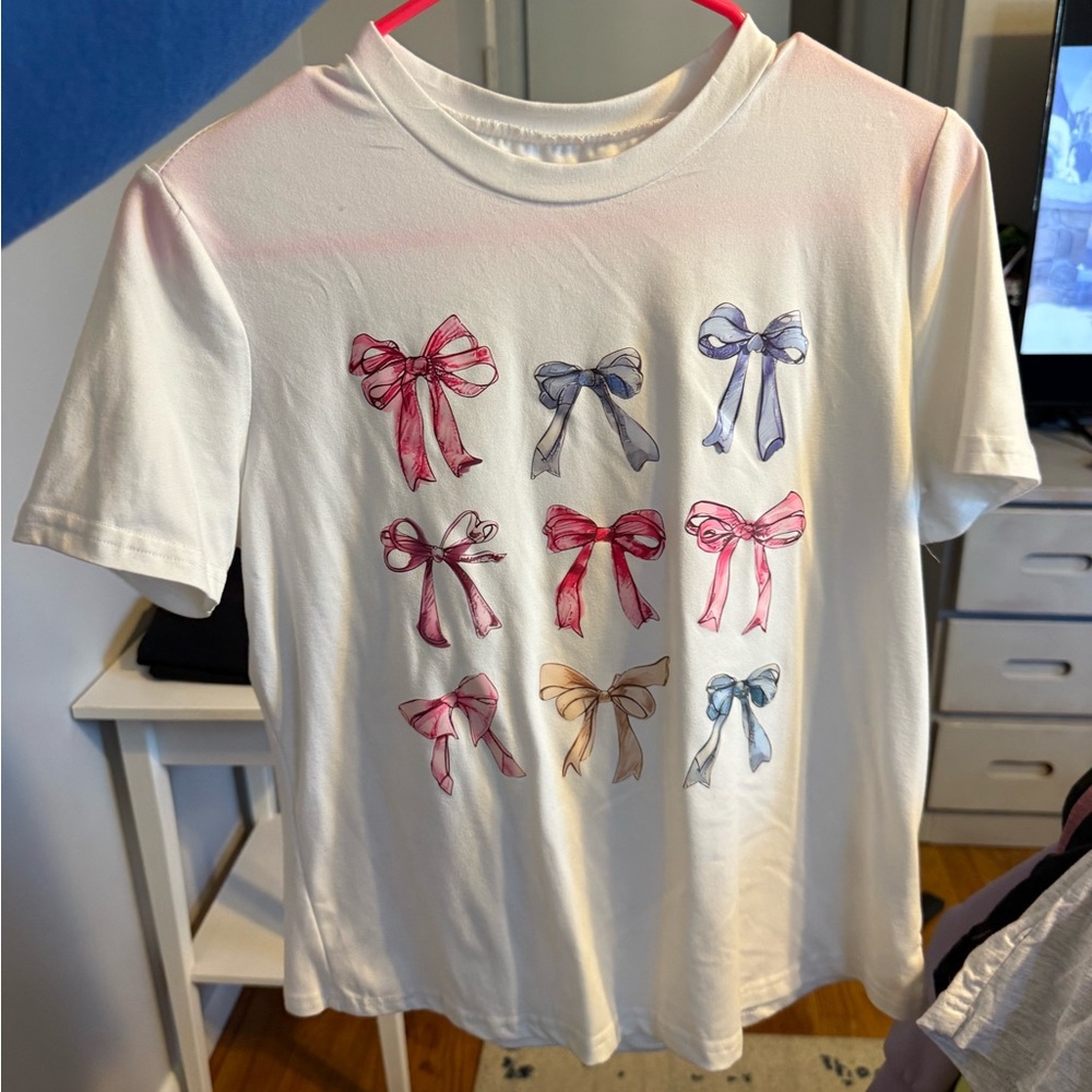 SHEIN White Tee with Colorful Bow Prints